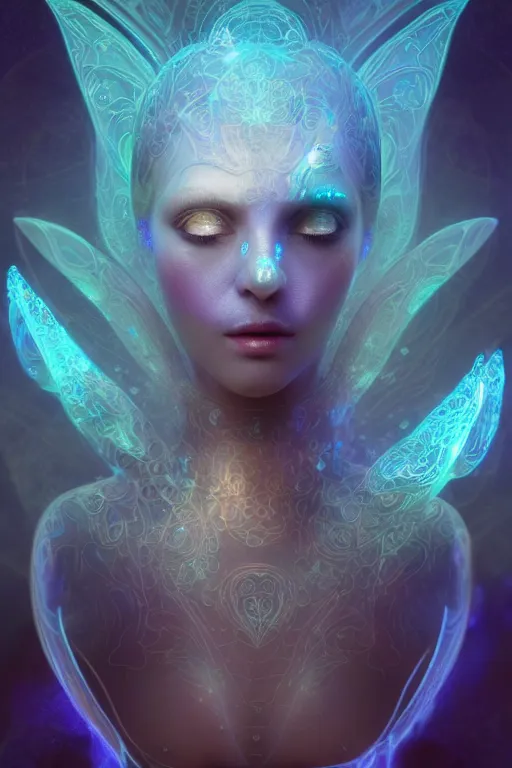 Image similar to a render of an ancient futuristic ethereal pixie with digital modifications surrounded by a underwater ink pour and flowing liquid gallium and complex sacred geometry, powerful, cinematic, beautifully lit, perfect face, by beeple, by artgerm, by karol bak, by brian froud, 3 d, trending on cgsociety, octane render, 8 k