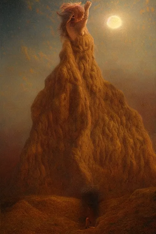 Prompt: tall terrifying humanoid beast looming over a tiny human in a surreal landscape at dusk, agostino arrivabene