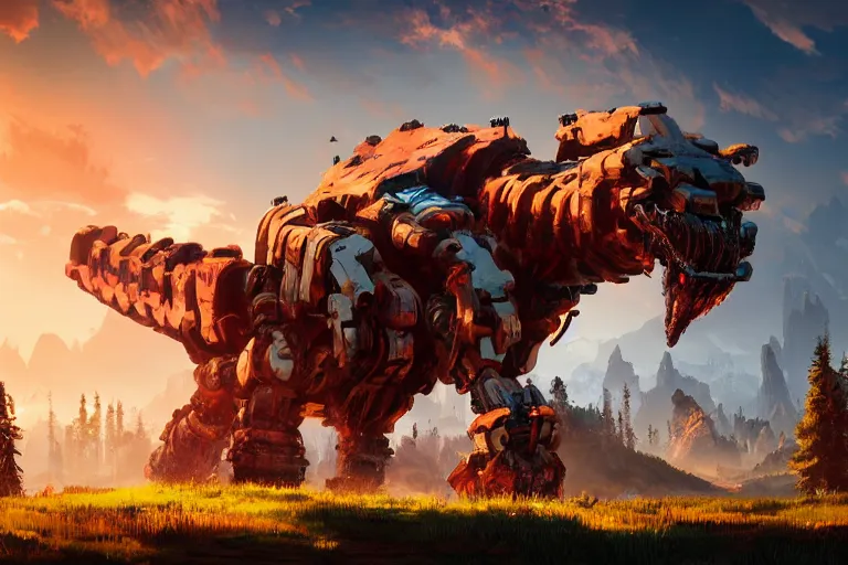 Image similar to tremortusk machine mecanical creature robot of horizon forbidden west horizon zero dawn radiating a glowing aura global illumination ray tracing hdr fanart arstation by ian pesty and alena aenami artworks in 4 k