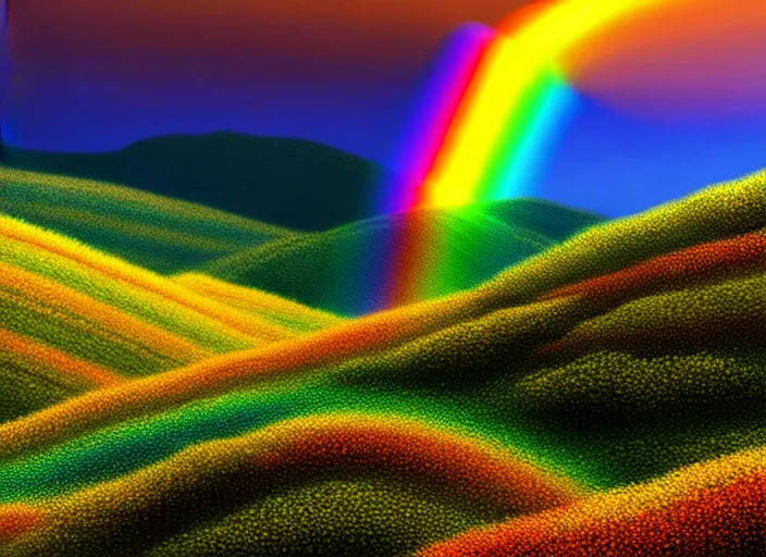 Image similar to hyperrealism, detailed textures, a rainbow over a valley in nepal, a gentle river winding through rolling hills with yellow red and blue flowers, sharp focus, ultra realistic, ultra high pixel detail, cinematic, intricate, cinematic light, concept art, illustration, art station, unreal engine 8 k