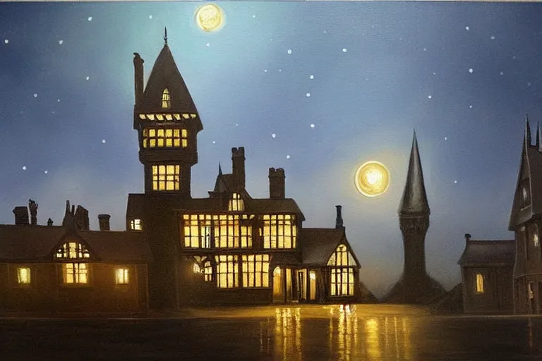 Image similar to a beautiful painting of a victorian house with bay windows, and a tower at night, very detailed by samuel and joseph newsom, harry potter