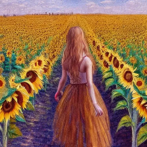 Image similar to a girl slowly walking through amazing tall sunflower field, her hair flowing down, subtle, intricate details, real masterpiece, oil on canvas, by leonardo da vinci, vitalik buterin