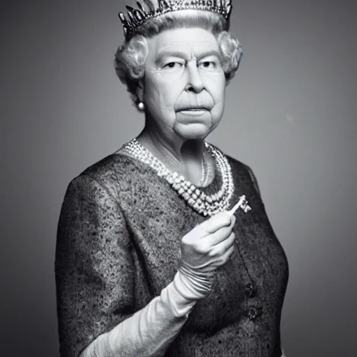 Prompt: portrait of the queen of england with a lit cigarette in her mouth while squinting, portrait, medium shot, gentle studio lighting, professional, tasteful