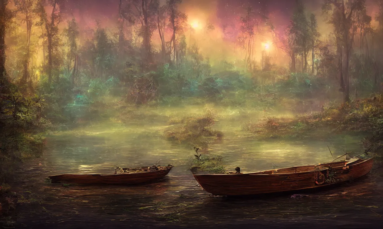 Prompt: Beautiful wooden boat floating in the forest river, vibrant bright cyberpunk color scheme, hyperdetailed twigs and plants, moonlit nightscape, bioluminescent fireflies, layered fog, moody lighting, photorealistic digital arts, sharp, well focused, artstation HD, 8K