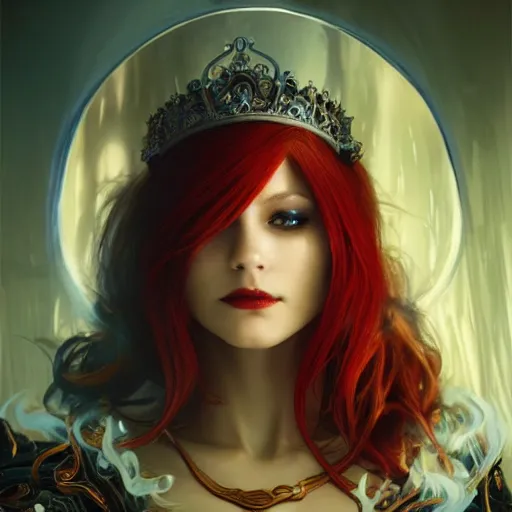 Image similar to redhead vampire sorceress, perfect face viewed in profile, bright glowing blue and silver eyes, gold shirt, cinematic, floating ash, stunning, highly detailed, artstation, smooth, hard focus, concept art, art by artgerm and greg rutkowski and alphonse mucha, volumetric lighting, octane render, 4 k resolution, trending on artstation, masterpiece