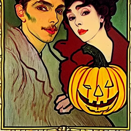 Prompt: painting of handsome young beautiful jeff and gorgeous rina together at the jack o'lantern halloween party, elegant, soft features, delicate facial features, clear, painting, stylized, art, art by alphonse mucha, vincent van gogh, egon schiele,