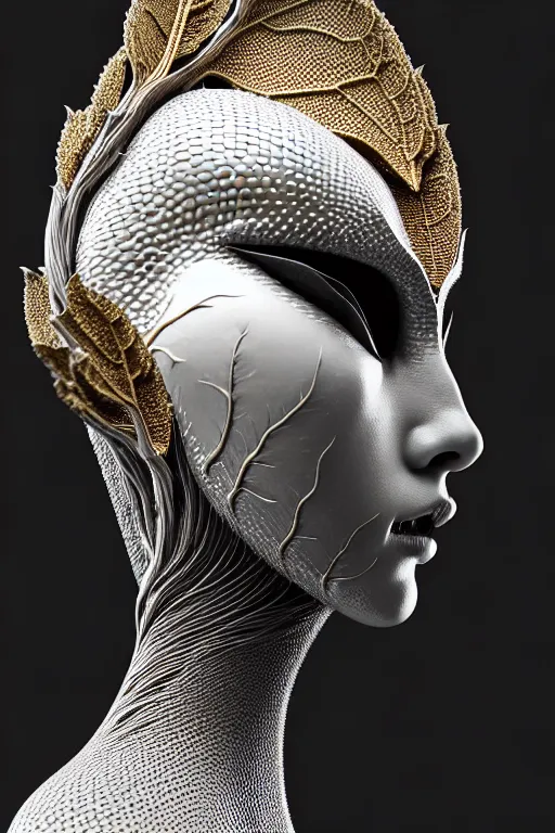 Image similar to bw contrasted close - up profile face, black background, beautiful young porcelain vegetal - dragon - cyborg - female, 1 5 0 mm, beautiful natural soft rim light, silver gold details, magnolia leaves and stems, roots, mandelbot fractal, elegant, ultra detailed, white metallic armour, octane render, h. r. giger style