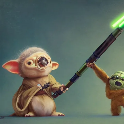 Prompt: Cheburashka and Baby Yoda holding lightsabers, digital painting, artstation, concept art, sharp focus, illustration, art by greg rutkowski and alphonse mucha