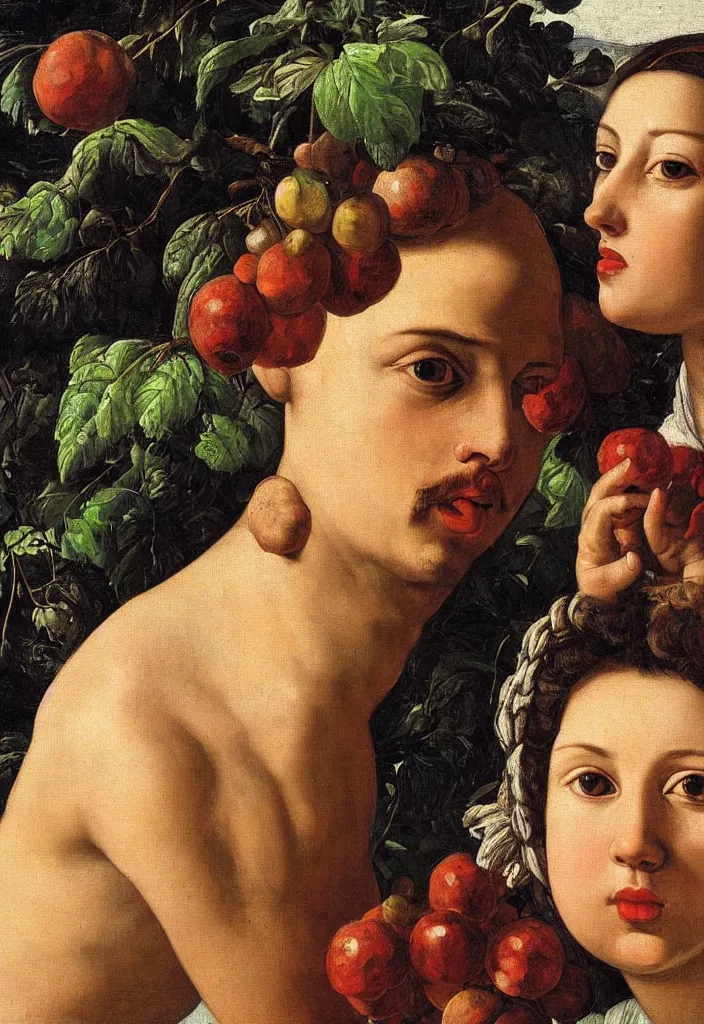 Image similar to men and women, closeup portrait, garden with fruits on trees, ultra detailed, Orazio Gentileschi style