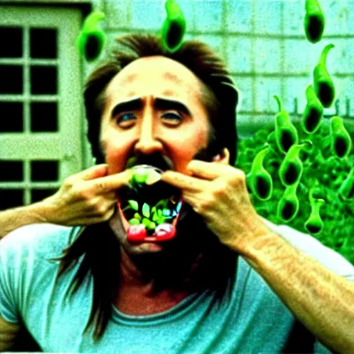 Image similar to nicolas cage drowning mouth full of peas, movie still, the wicker man