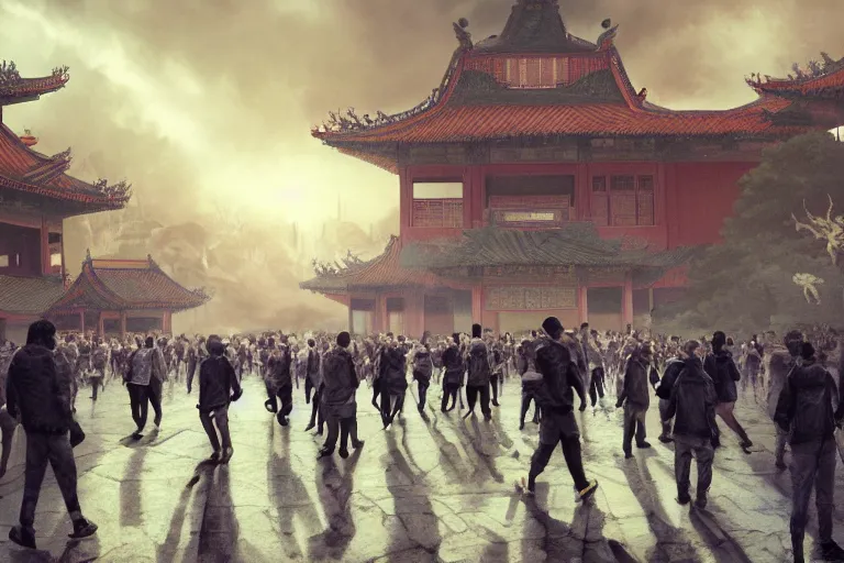 Image similar to crowds of programmers are marching to chinese palace, dark atmosphere, light above palace, digital art, trending on artstation