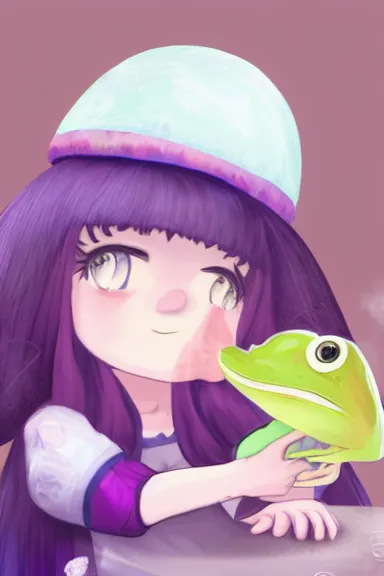 Image similar to a beautiful little girl wearing a mushroom hat sitting in her room petting a frog in her lap | | purple hair, pretty face, sharped details, in ryuuou no oshigoto art style, trending on pixiv, anatomically correct