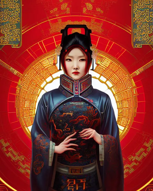 Image similar to portrait of a chinese cyberpunk machine, machine face, robed, upper half portrait, decorated with chinese opera motifs, regal, asian, fine china, wuxia, traditional chinese art intricate intense elegant 京 剧 highly detailed digital painting artstation concept art smooth sharp focus illustration, art by artgerm and greg rutkowski alphonse mucha 8 k