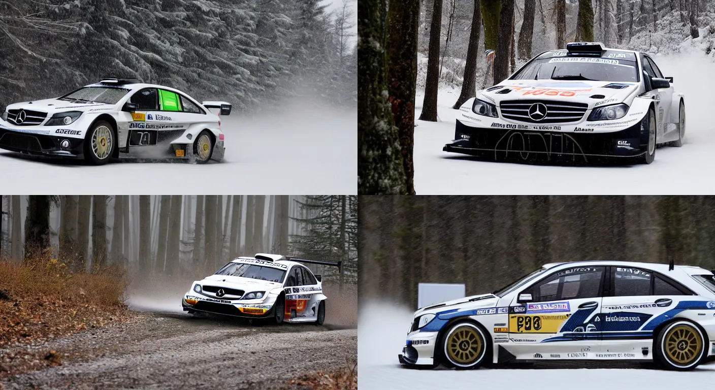 Prompt: a 2 0 0 9 mercedes - benz c - klasse dtm, racing through a rally stage in a snowy forest