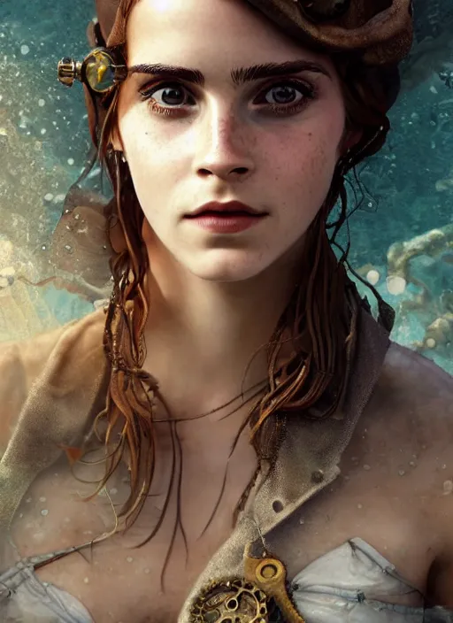 Image similar to underwater steampunk portrait of emma watson, au naturel, hyper detailed, digital art, trending in artstation, cinematic lighting, studio quality, smooth render, unreal engine 5 rendered, octane rendered, art style by klimt and nixeu and ian sprigger and wlop and krenz cushart.