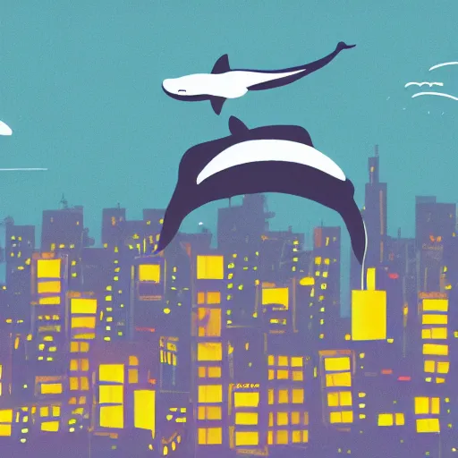 Image similar to illustration of a whale flying over a city at night