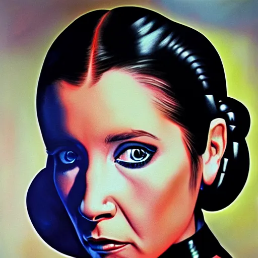 Prompt: black velvet painting of princess leia, photorealism, by bruce white,