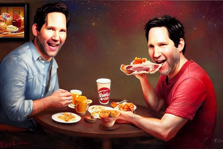 Image similar to paul rudd eating bacon at a dennys late night, an oil painting by ross tran and thomas kincade