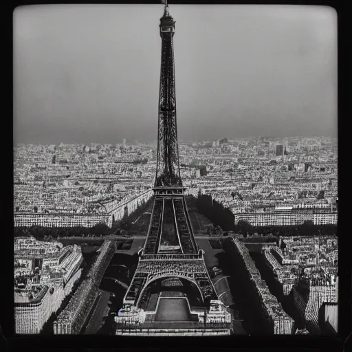 Image similar to extensive smoke rising from the top of the eiffel tower, aerial view, several police cars and crowds running across the ground, polaroid, 6 0's, hyperrealism, no blur, 4 k resolution, ultra detailed