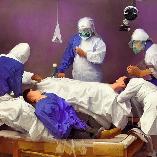 Prompt: by wlop 4 k resolution, blue - violet curvaceous. a beautiful photograph of a team of surgeons gathered around a patient on an operating table, with one surgeon in the process of cutting into the patient's chest. the photograph is full of intense colors & brushstrokes, conveying the urgency & intensity of the surgery.