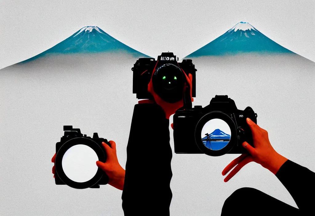 Image similar to first person view of a hand grasping a nikon dslr camera with mount fuji image in viewfinder, in the style of wes anderson, rene magritte, lola dupre, david hockney, isolated on white background, dark monochrome neon spraypaint accents octane render