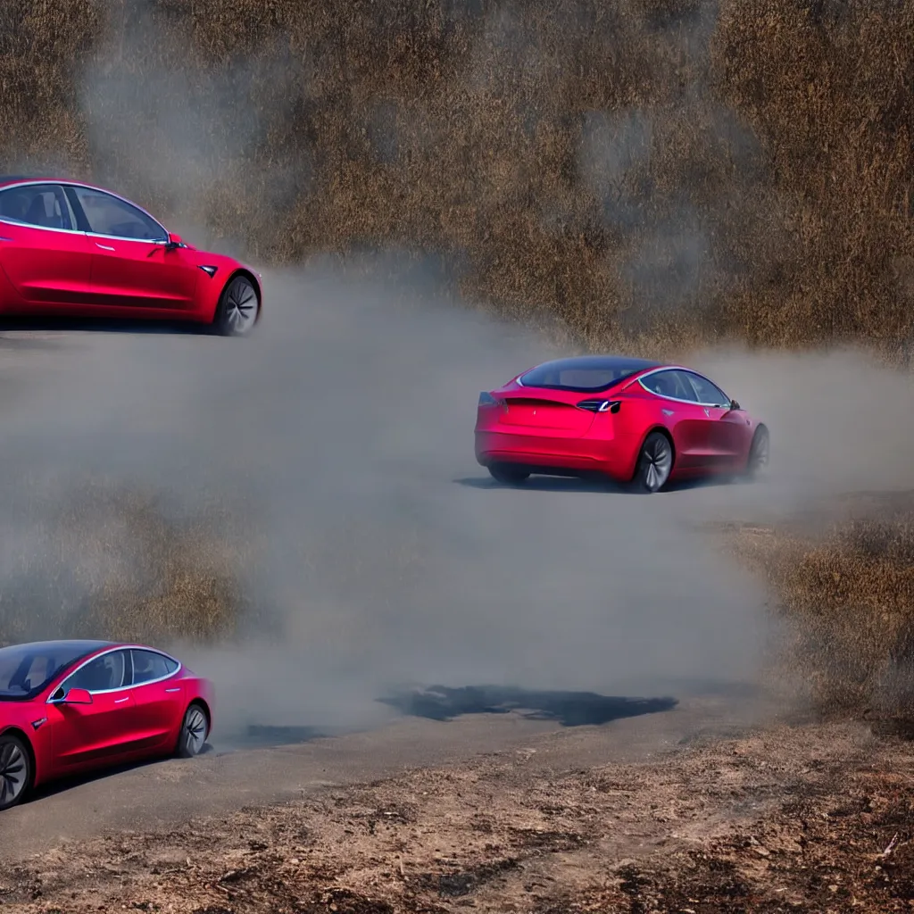 Prompt: Tesla model 3 driving across Ukraine, War on the horizon, Smoke and fire everywhere, Dark horror like style , The tesla has red color and is intact , Shot is taken from the profile of the car , road is blurred from the movement.