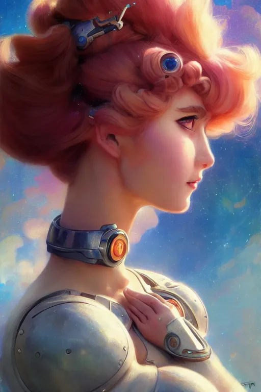 Prompt: cyborg princess peach profile picture by Margaret Keane, dynamic pose, intricate, futuristic, fantasy, elegant, by Stanley Artgerm Lau, greg rutkowski, thomas kindkade, alphonse mucha, loish, norman Rockwell,