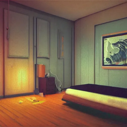 Prompt: dark 1990s style retro bedroom, dimly lit by a CRT television, clustered room with wooden flooring artstation, makoto shinkai