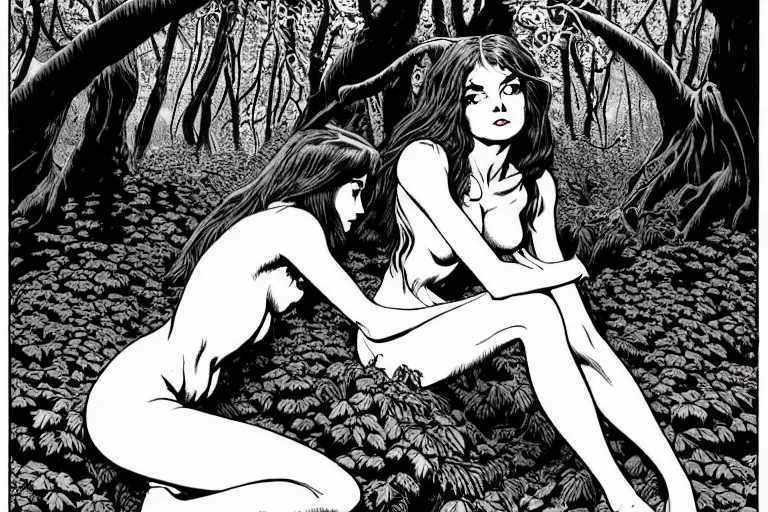 Prompt: a stunning demon girl sitting in an autumn forest, fantasy graphic novel style, by wendy pini and virgil finlay, intricate, very fine inking lines, extremely detailed, 4k, hd