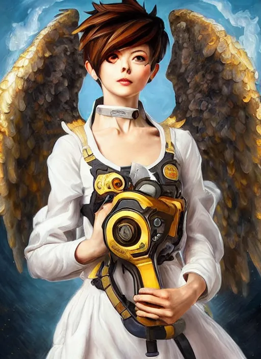 Image similar to full body oil painting of tracer overwatch in the style of sophie anderson, angel wings, white dress, dramatic painting, symmetrical composition, ornate, high detail, gold detailed collar, blooming, lights, flowers,