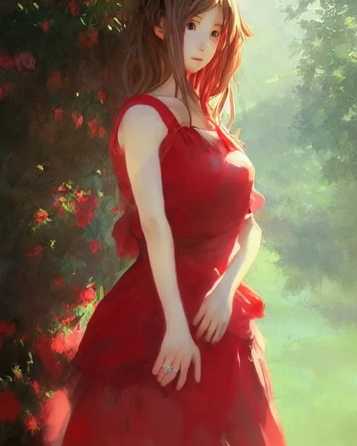 Prompt: aerith gainsborough in red cottagecore dress, portrait, illustration, rim light, top light, perfectly shaded, spring time, slight overcast lighting, soft painting, art by krenz cushart and wenjun lin