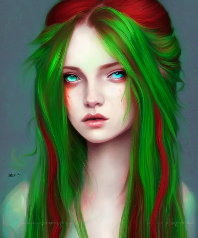 Image similar to Fae teenage girl, portrait, face, long red hair, green highlights, fantasy, intricate, elegant, highly detailed, digital painting