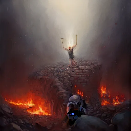 Image similar to a close view of a jewish rabi screaming in panic!!!, derbis!!!, rubble!!, fires!! hyperrealistic, highly detailed, cinematic, foggy light from fires, beautiful, cgssociety, artstation, 8 k, oil painting by greg rutkowski, by artgerm, by wlop