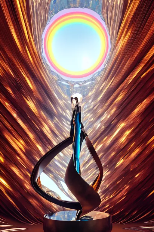 Image similar to metal curved circular sculpture with gestural forms and human parts mixed together into a monumental artwork, lifting up towards heaven, rainbow crystal reflections, style of jack storms, anthony howe, octane render, 4 k