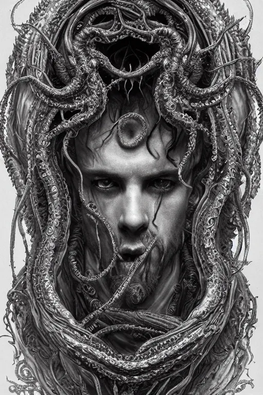 Prompt: realistic portrait of beautifully crystalized and detailed portrait of a necromancer, tentacles, tendrils, eldritch, matte painting of cinematic movie scene red dragon, horror, created by gustave dore and greg rutkowski, high detailed, smooth draw, synthwave neon retro, intricate, realistic proportions, dramatic lighting, trending on artstation.