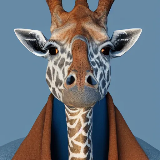 Image similar to a highly detailed portrait of a humanoid giraffe in a blue cloak, artstation, deviantart, professional, unreal engine 5, photorealistic