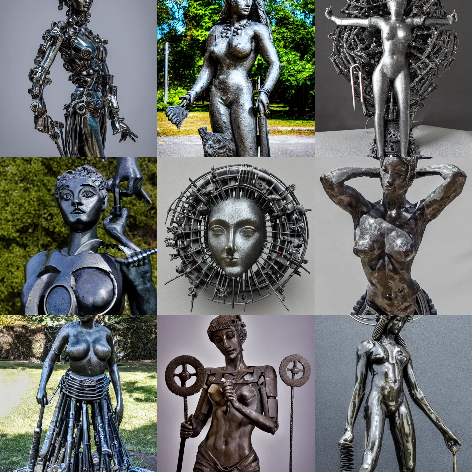 Prompt: hand made statue of artemis made from car wheels, detailed but rough, 4 k photo, excellent light and shadows, sony 1 7 5 mm