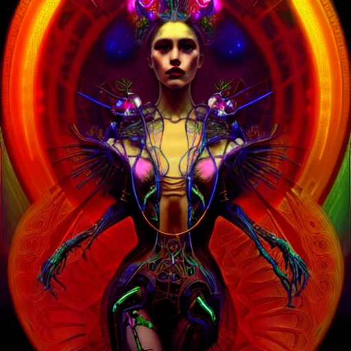 Image similar to extremely psychedelic beautiful cyborg queen of virus infected by night. intricate, elegant, highly detailed, extremely lifelike photorealistic digital painting, artstation. steichen, gaston bussiere, tom bagshaw, cyberpunk alphonse mucha. elegant minimalism. anatomically correct. sultry. sharp focus. surreal lush hallucination