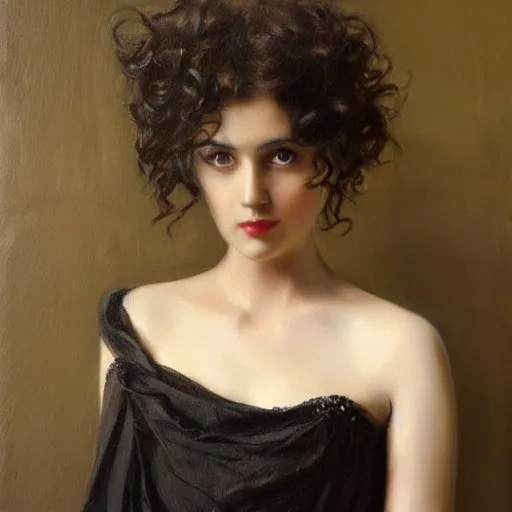 Image similar to a oil painting of a fair skin with dark curly stylised hair queen wearing dress, by frederick william elwell, highly detailed, realistic, concept art, jewels, oriental, desaturated