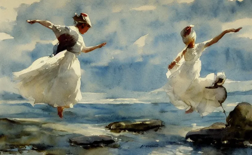 Prompt: watercolor lanscape by anders zorn, flying birds, water, white dress