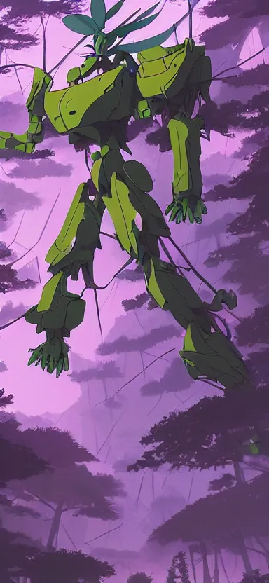 Image similar to giant humanoid plant mech, coming through treetops, forest, key art, sharp lines, towering above a small person, aesthetic, anime, trigger, shigeto koyama, hiroyuki imaishi