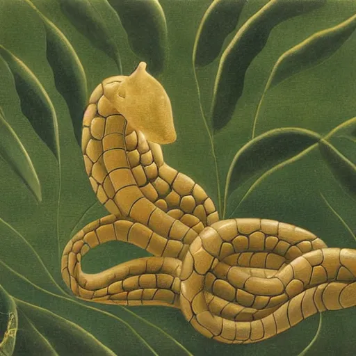 Prompt: cambrian, soft shadow by henri rousseau, by karen wallis dismal, tired. a beautiful sculpture of a snake eating its own tail that seems to go on forever.
