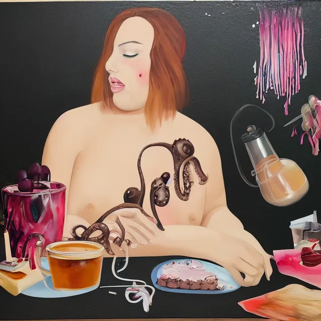 Image similar to sensual, a portrait in a female art student's bedroom, black walls, a woman drinking iced latte, pancakes, honey dripping, berries dripping, chocolate, surgical supplies, ikebana, octopus, neo - expressionism, surrealism, acrylic and spray paint and oilstick on canvas