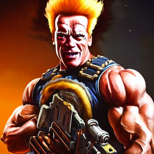 Prompt: a screenshot of arnold schwarzenegger as junkrat in overwatch holding bomb, portrait, fantasy, beautiful face, vivid colors, elegant, concept art, sharp focus, digital art, hyper - realistic, 4 k, unreal engine, highly detailed, hd, dramatic lighting by brom, trending on artstation