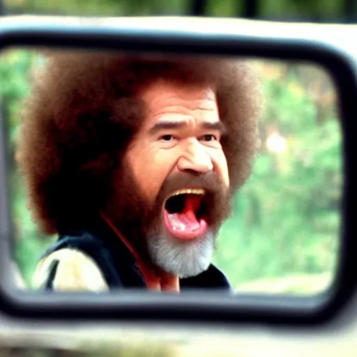 Image similar to bob ross screaming in rear view mirror road rage