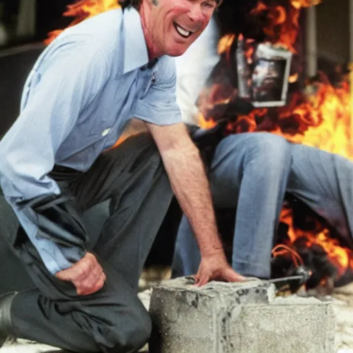 Prompt: kevin tighe with randy mantooth, laughing as they set a car on fire