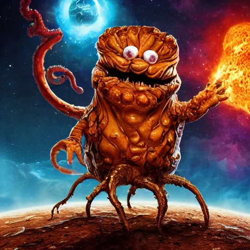 Prompt: one eldritch horror bloody garfield in space, galaxy, hd, 8 k, giant, epic, realistic photo, unreal engine, stars, prophecy, powerful, cinematic lighting, destroyed planet, debris, violent, sinister, ray tracing, dynamic, print, epic composition, dark, horrific, teeth, grotesque, scary