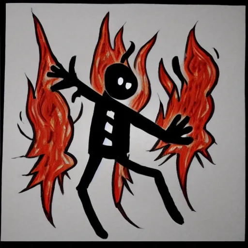 Prompt: stickman and flames drawn stylized on squared paper with pen. each line is drawn several times.