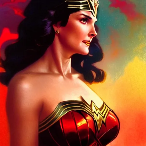 Image similar to a young lynda carter as wonder woman, volumetric lights, red and cyan theme, art nouveau botanicals, intricate, highly detailed, digital painting, artstation, concept art, smooth, sharp focus, cinematic, illustration, beautiful face, art by artgerm and greg rutkowski and alphonse mucha