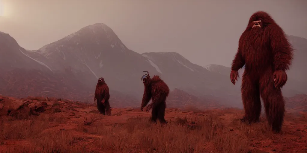 Prompt: the end is near. a tired yeti and bigfoot standing in the atlas mountains. face is highly detailed. splices of red are running down his toga. mist. color scheme red. low angle close shot. atmospheric. global illumination. unreal engine render. imagined by jeremy lipking